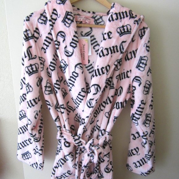 Juicy Couture Hooded Bathrobe Robe Crown Pink Black Sleepwear Women - Picture 1 of 5